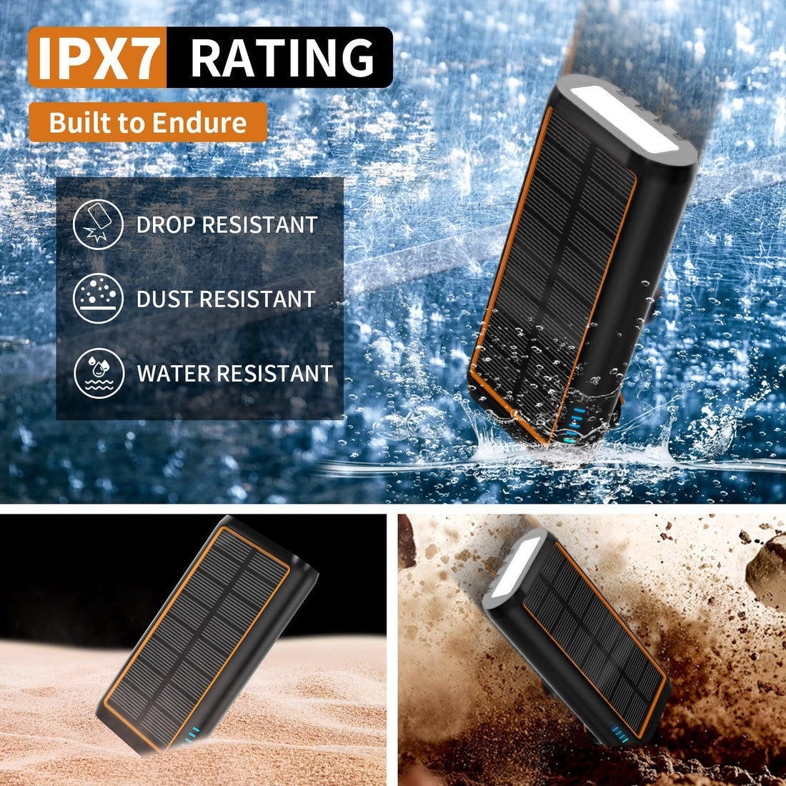 Solar Power Bank with Hand Crank, 15W Fast Charging, IPX7 Waterproof & SOS Flashlight for Outdoor Emergencies