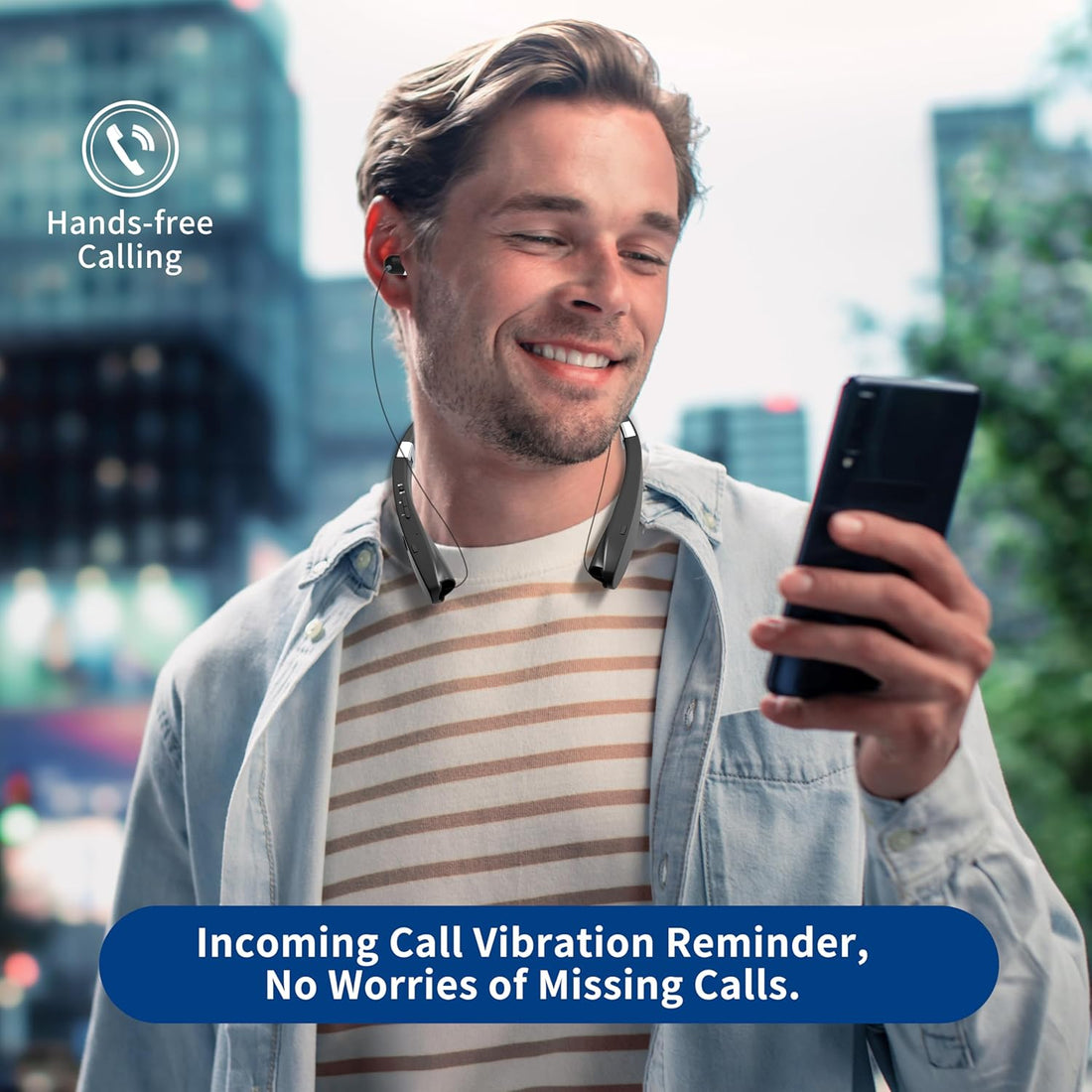 Bluetooth Neckband Headphones, Dpvisn Foldable Wireless Lightweight Neck Headset with Retractable Earbuds, Noise Cancelling Sweatproof Stereo Earphones with Mic & Carrying Case (Black)