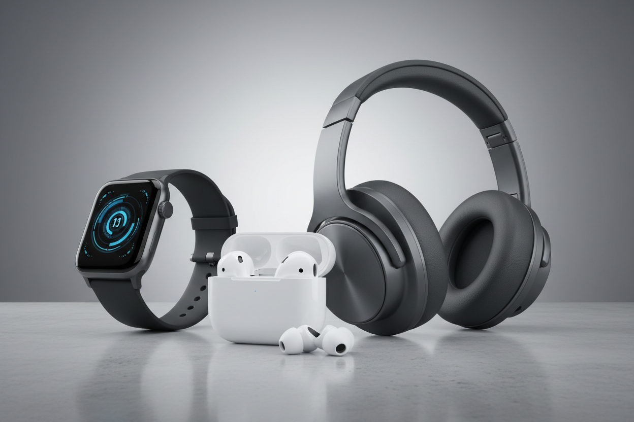 Tech Products like aripods SMArt Watch AND airpods Make a high resulation picture for my banner